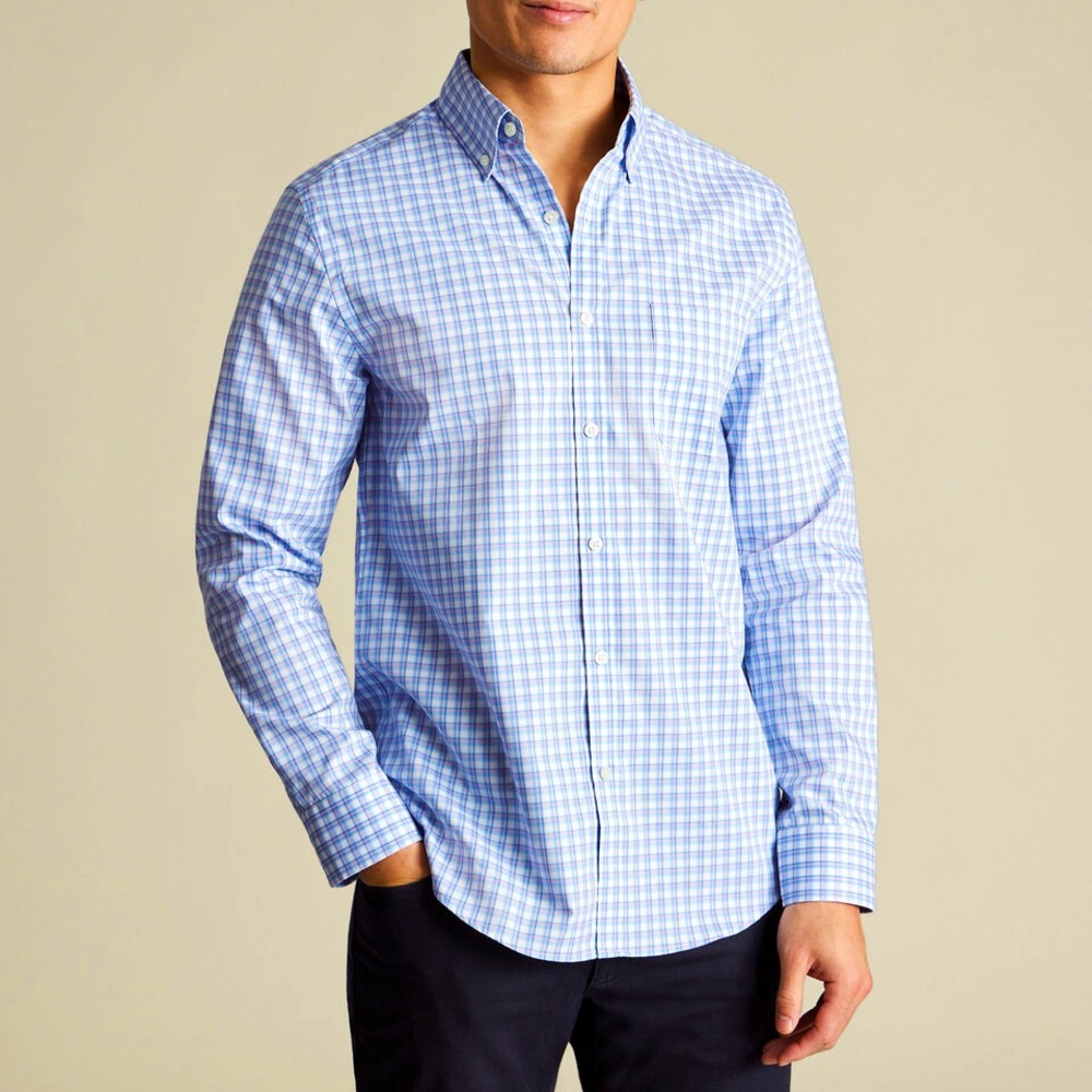 CHARLES TYRWHITT Blue Check Plaid Long Sleeve Button Down Oxford Dress Shirt